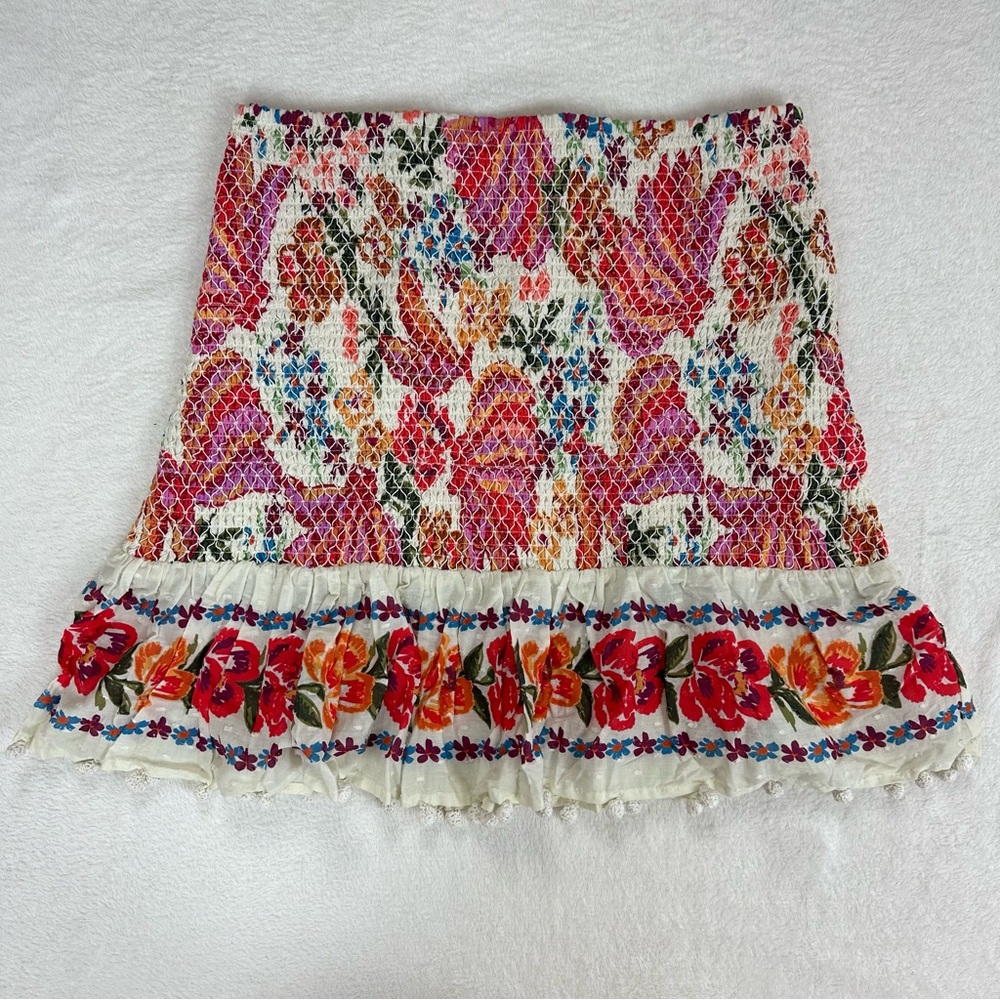 FARM RIO X Anthropologie Mini Skirt Size L Womens Spring Bananas Floral Smocked